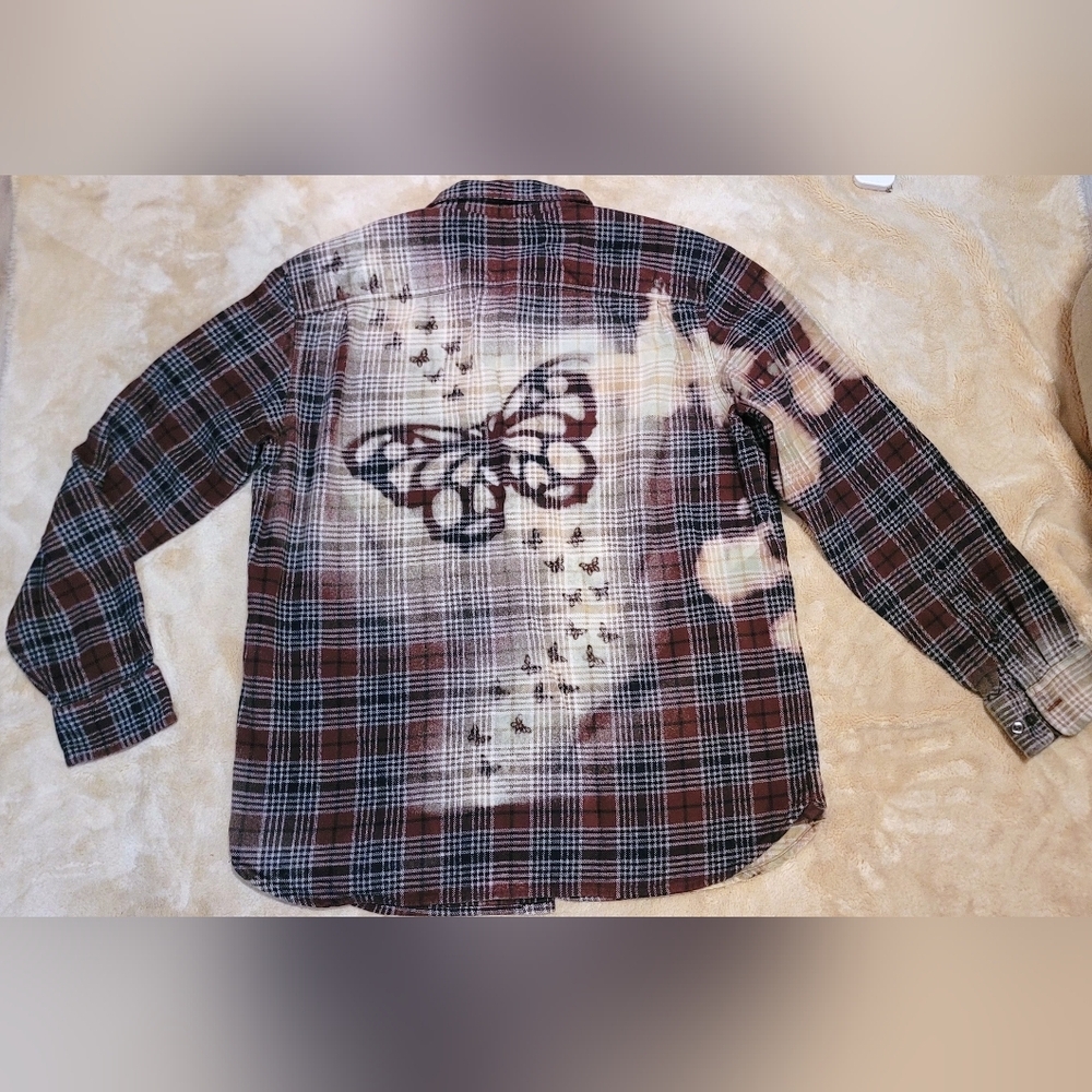 Upcycled The North Face Plaid Fleece Button Up Rhinestones, Butterflies Sz L